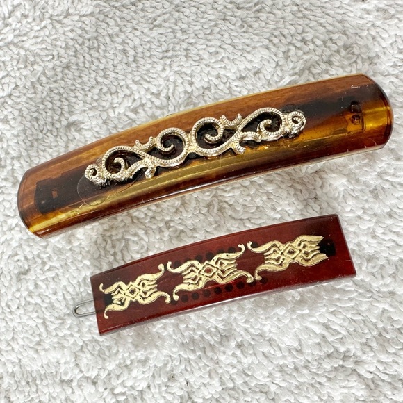 Vintage Accessories - Vintage Brown & Gold Hair Barrettes